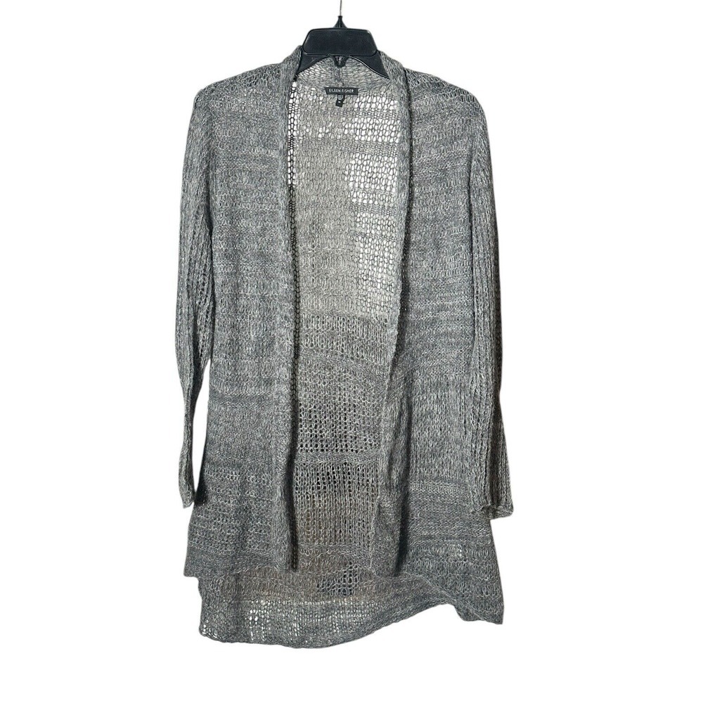 Eileen Fisher Size Medium Alpaca Wool Gray Long Crochet Open Cardigan #P11-3